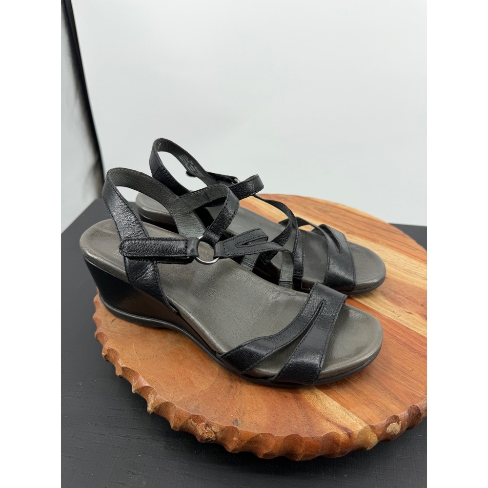 Dansko Addyson Wedge Sandals sz 38 7.5-8 Black Leather Strappy Slingback Comfort